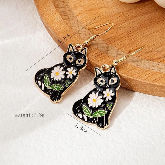 Cat Kitty Flower Shape Gold Tone Dangle Drop Earrings Black - Picture 3 of 5